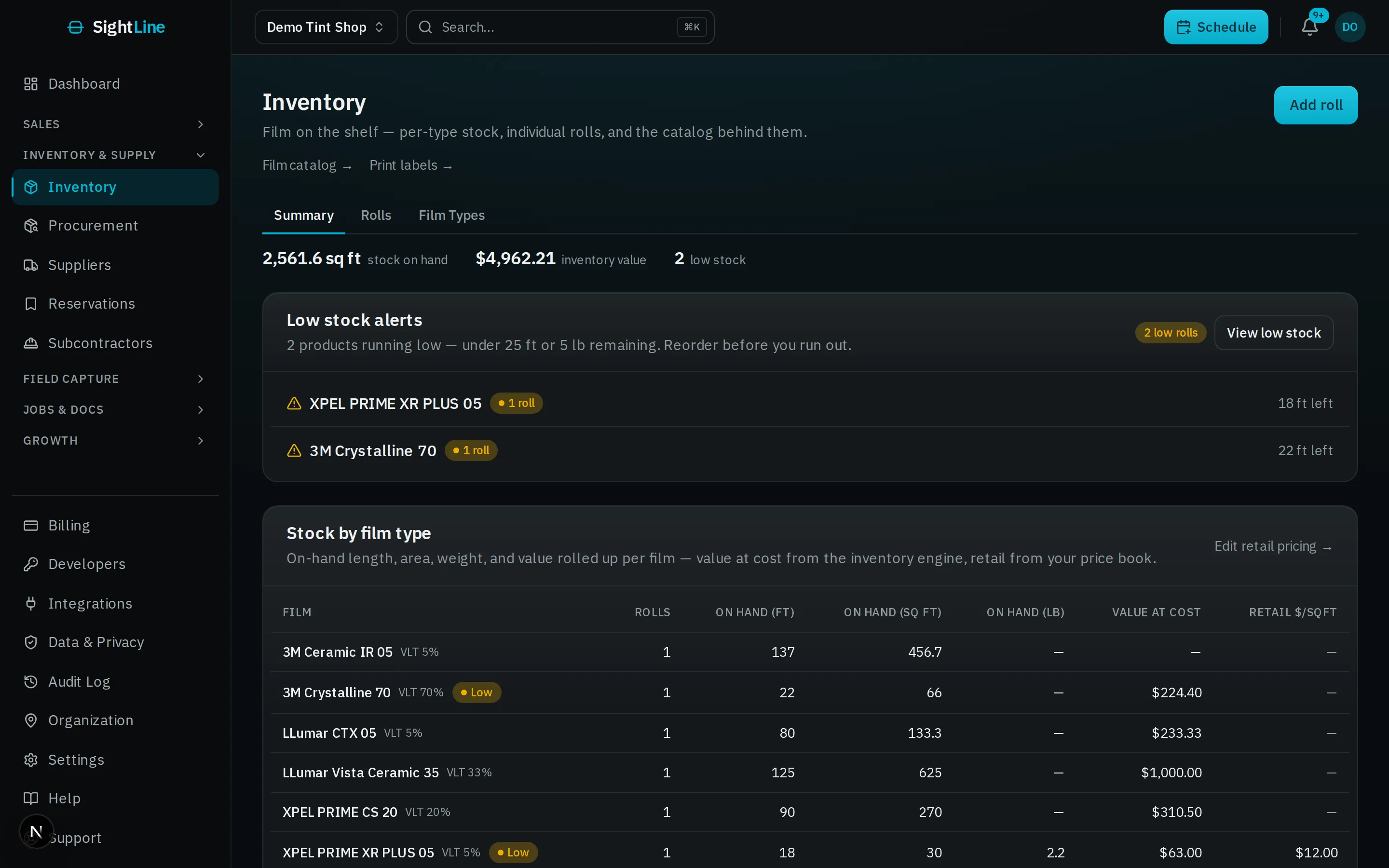 SightLine: Film roll inventory and remaining material.