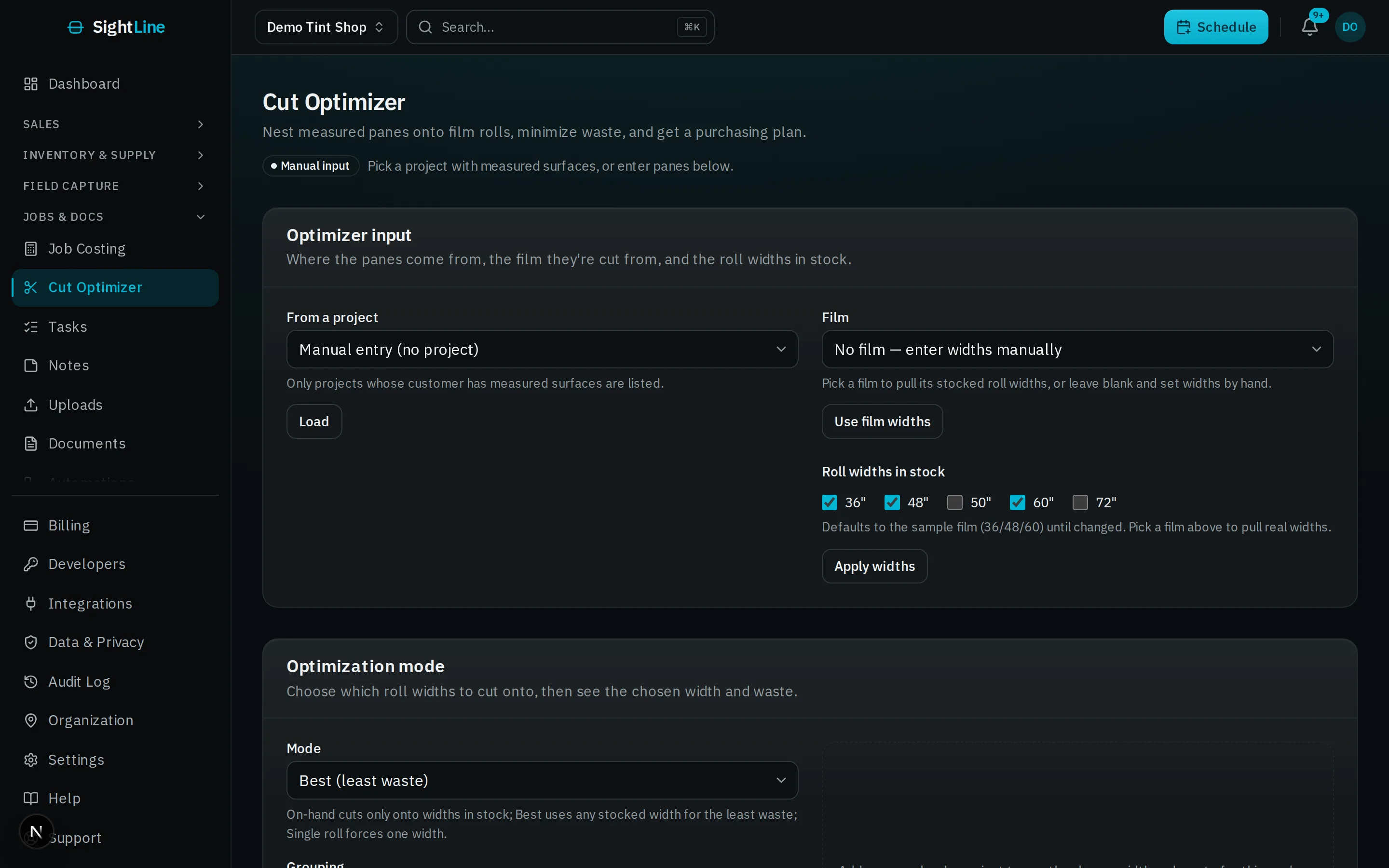 SightLine cut optimizer showing film layouts and calculated material waste.