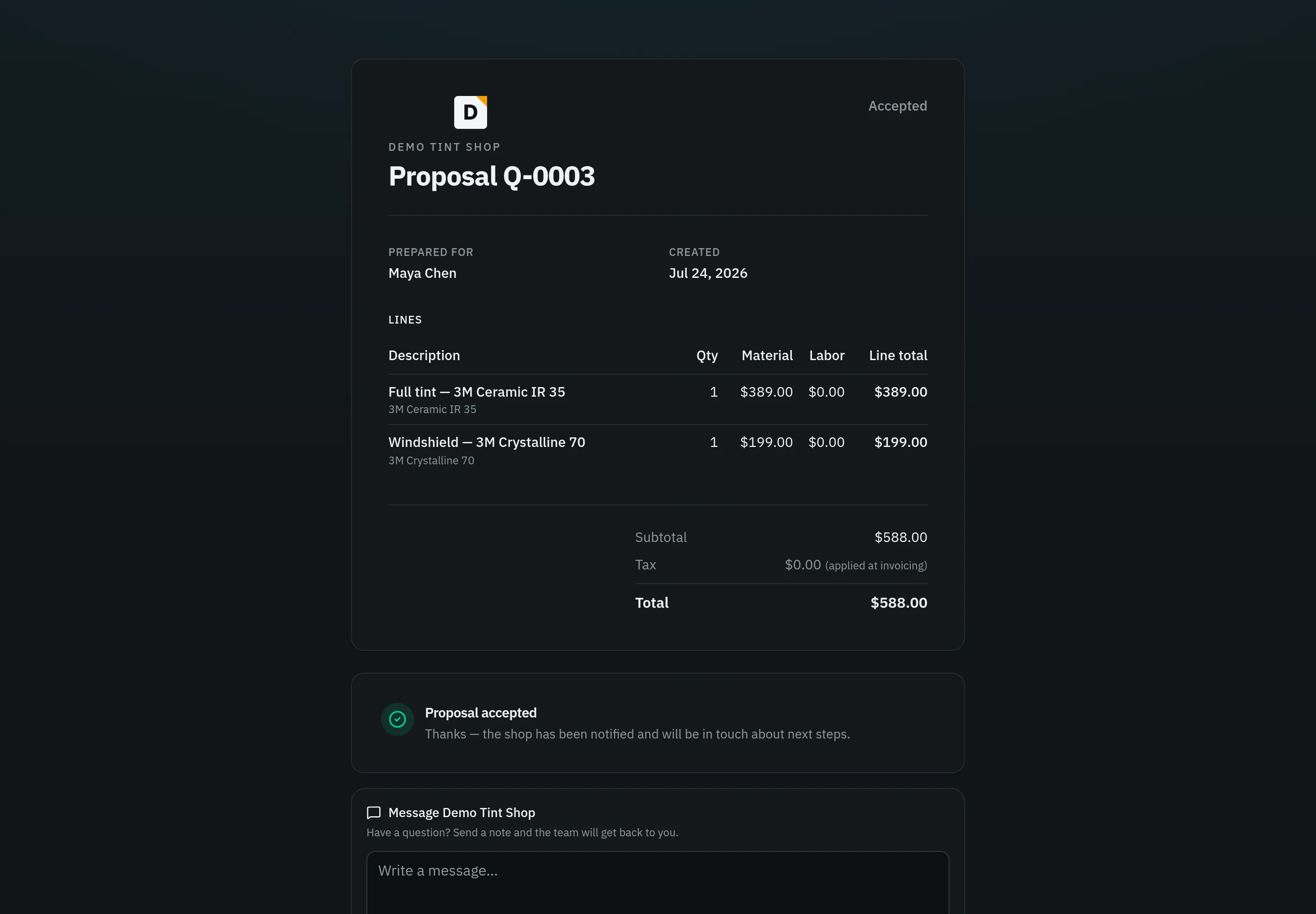 Customer-facing FilmOptix proposal in the accepted state.