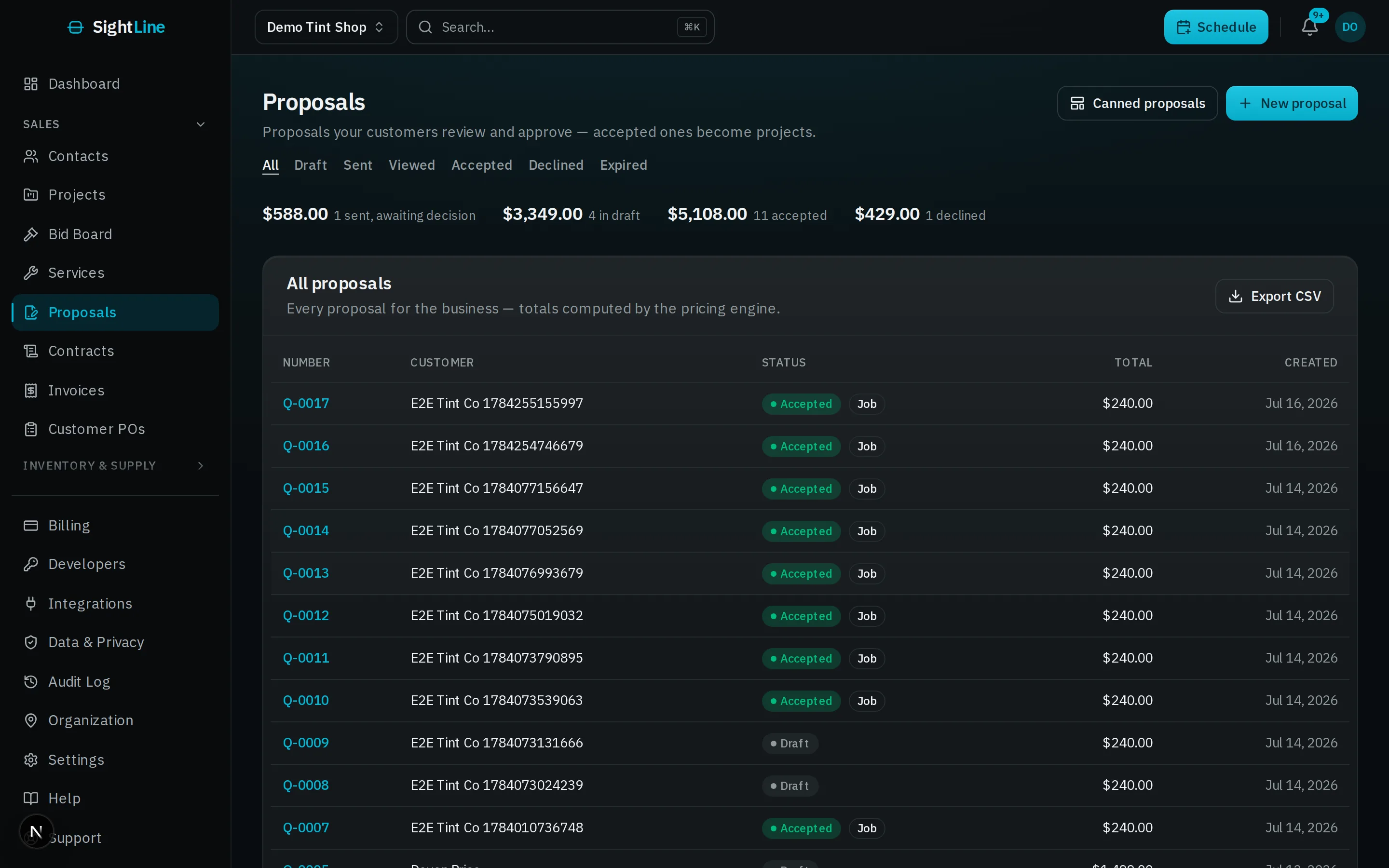 SightLine: Customer proposals connected to the project.