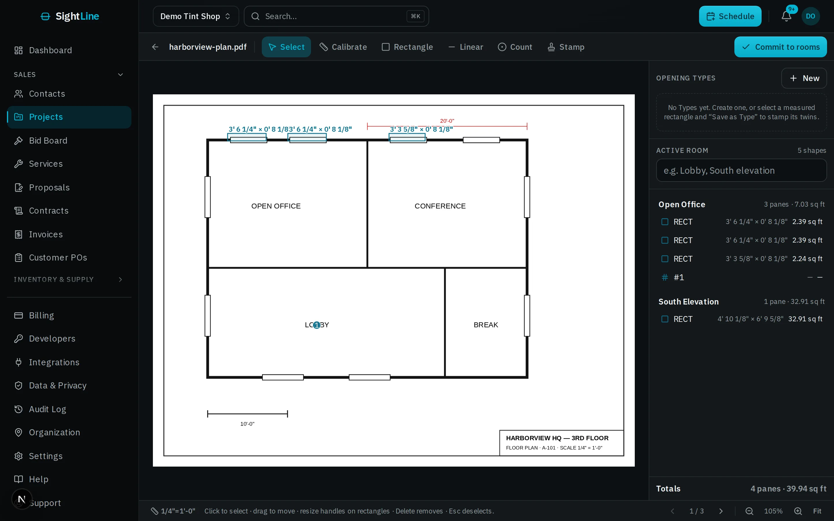 SightLine PDF takeoff with measured window panes organized into rooms and elevations.